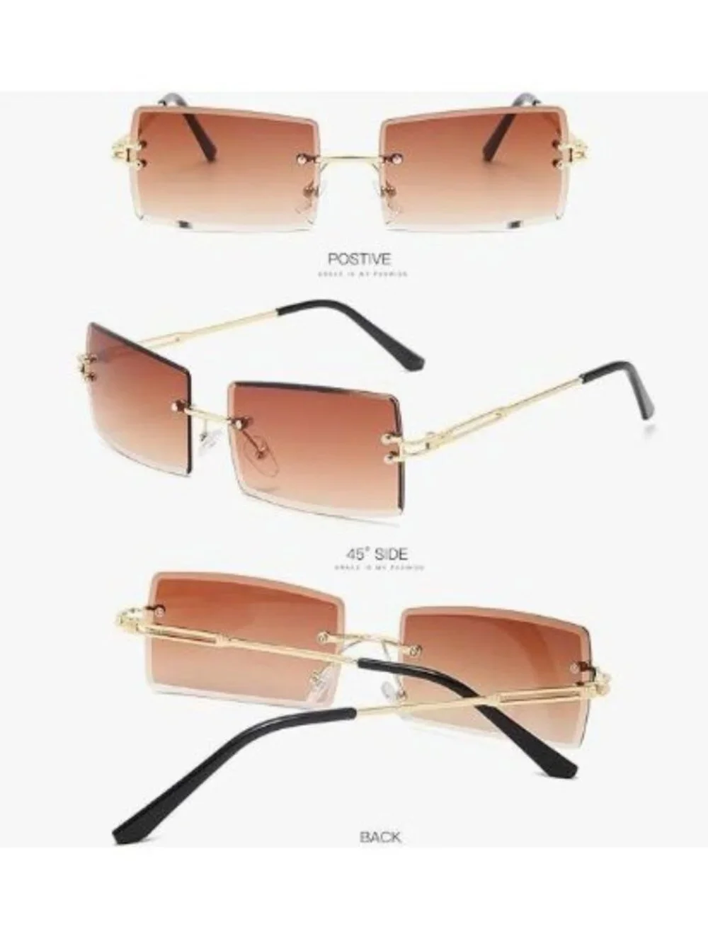 Rimless Rectangle Sunglasses Tea Brown Lenses Gold Tone Frame Y2K Retro Unisex